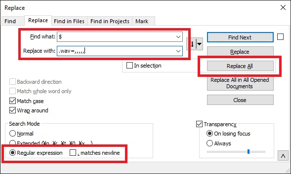 find and replace settings for regex